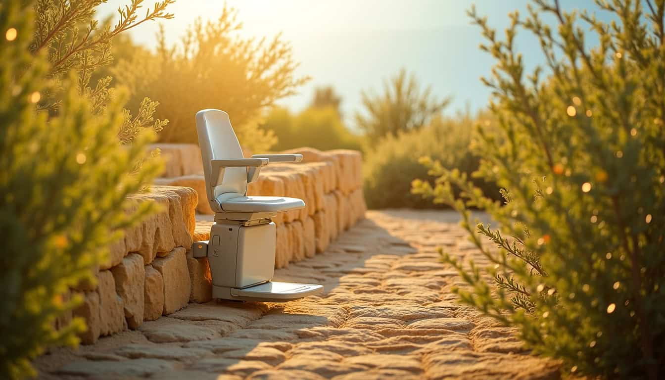Monte-escalier extérieur installé dans une maison à Bagnols-en-Forêt, résistant aux intempéries