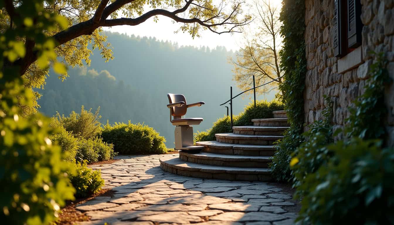 Monte-escalier extérieur installé dans une maison à Chamberet, en milieu rural