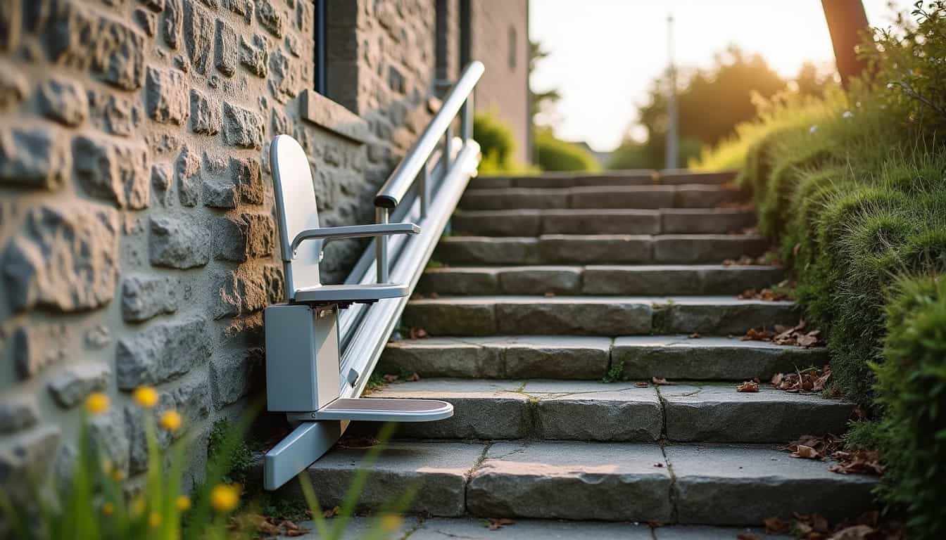 Monte-escalier extérieur installé dans une maison à Plougonvelin, visible sur un perron en pierre bretonne