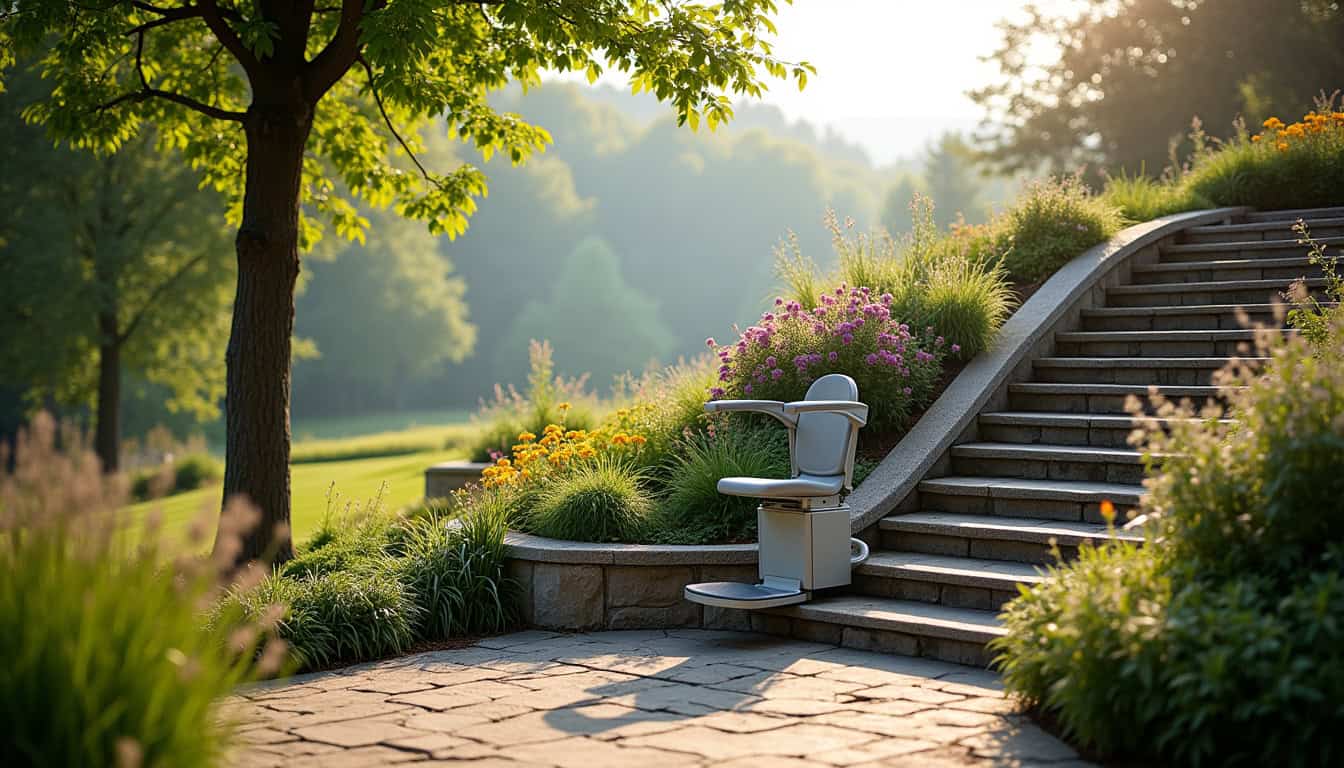 Monte-escalier extérieur installé dans une maison à Sainte-Consorce, avec vue sur le jardin et les environs boisés