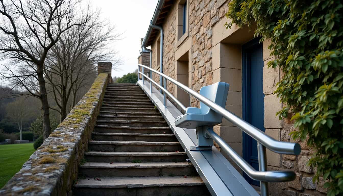 Monte-escalier extérieur installé dans une maison à Sainte-Mère-Église