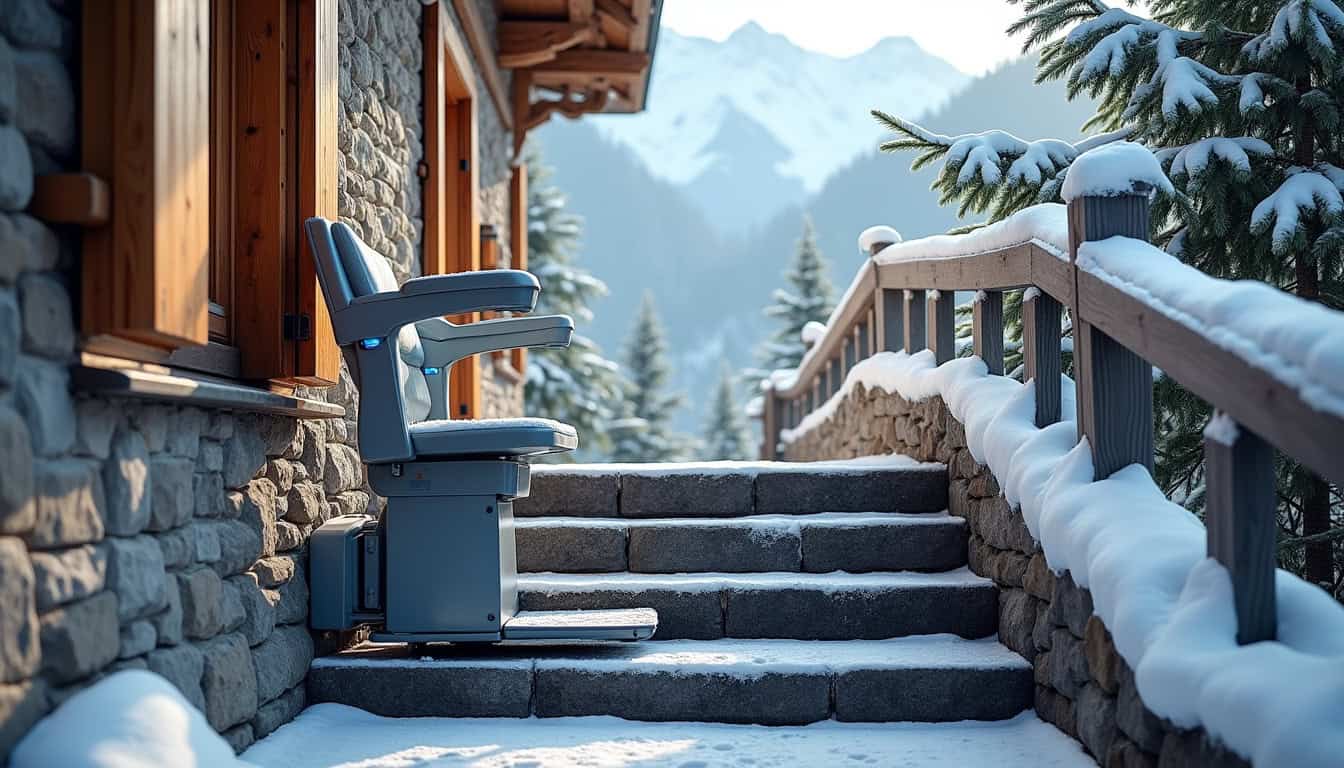 Monte-escalier extérieur installé dans une maison de Passy, résistant aux conditions climatiques alpines