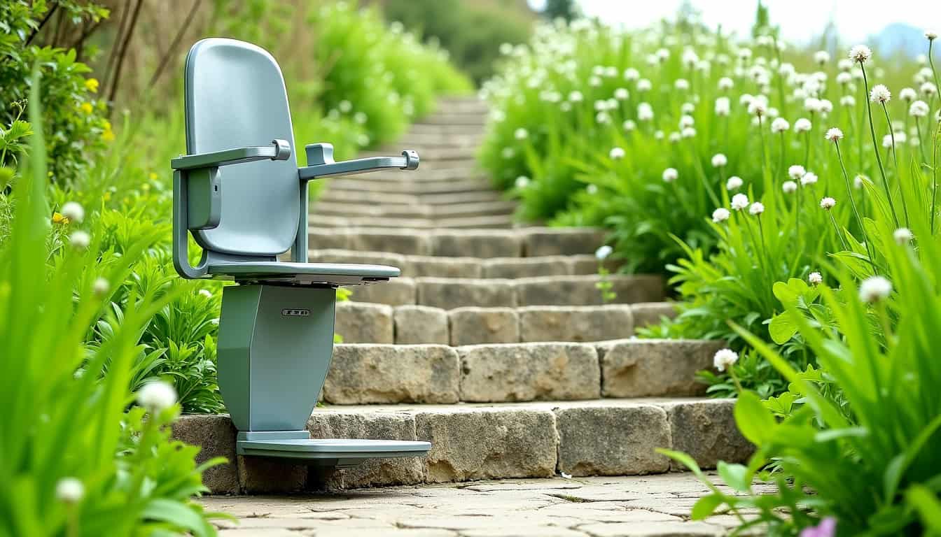 Monte-escalier extérieur installé dans une résidence à Bessens, résistant aux intempéries
