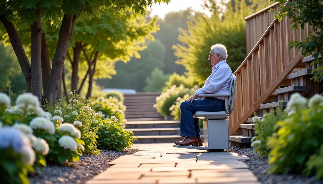 Monte-escalier extérieur installé dans une résidence à Moulins-lès-Metz, adapté aux accès en pente ou aux jardins
