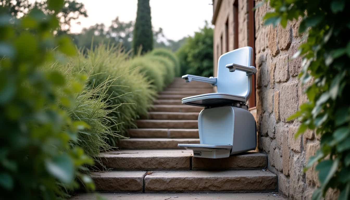 Monte-escalier extérieur installé dans une villa à Cambo-les-Bains, résistant aux intempéries et à l
