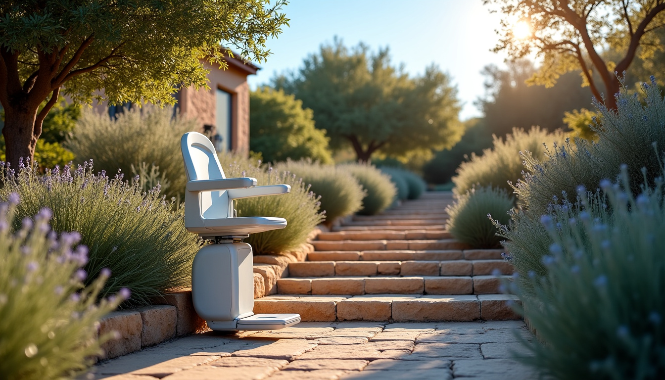 Monte-escalier extérieur installé dans une villa à Lamalou-les-Bains, résistant aux intempéries