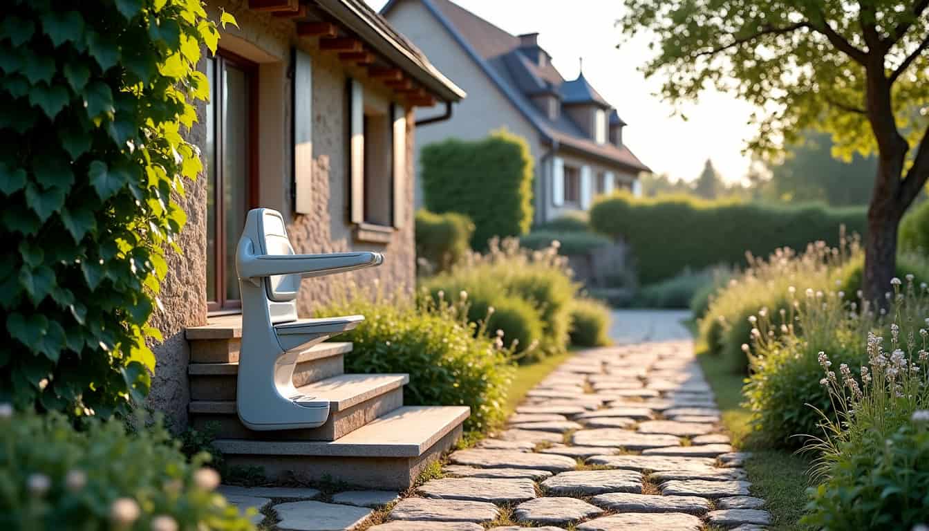 Monte-escalier extérieur installé devant une dépendance à Labry