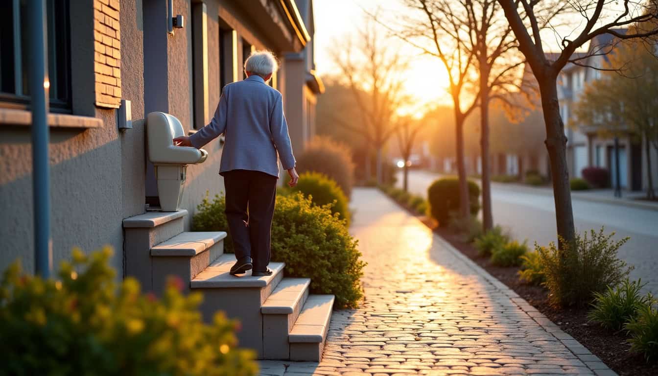 Monte-escalier extérieur installé devant une maison à Drocourt, utilisé par une personne âgée