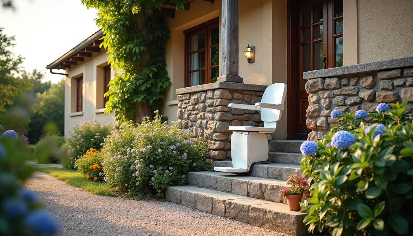 Monte-escalier extérieur installé devant une maison à Fresquiennes, en conditions réelles d