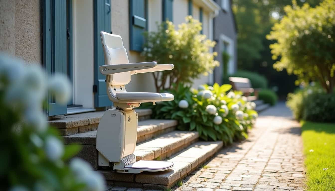Monte-escalier extérieur installé devant une maison à Lesneven, permettant un accès sécurisé au jardin