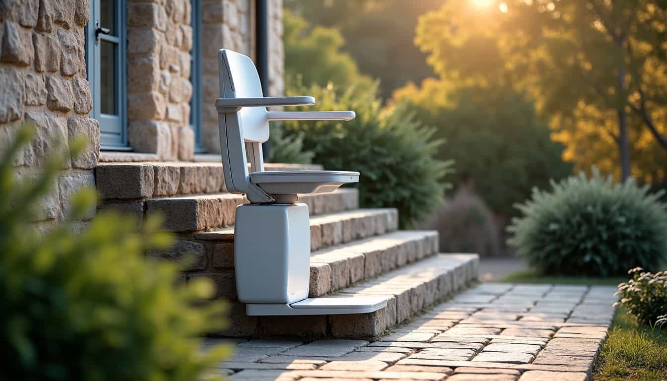 Monte-escalier extérieur installé devant une maison à Poix-du-Nord, résistant aux intempéries et intégré discrètement à l