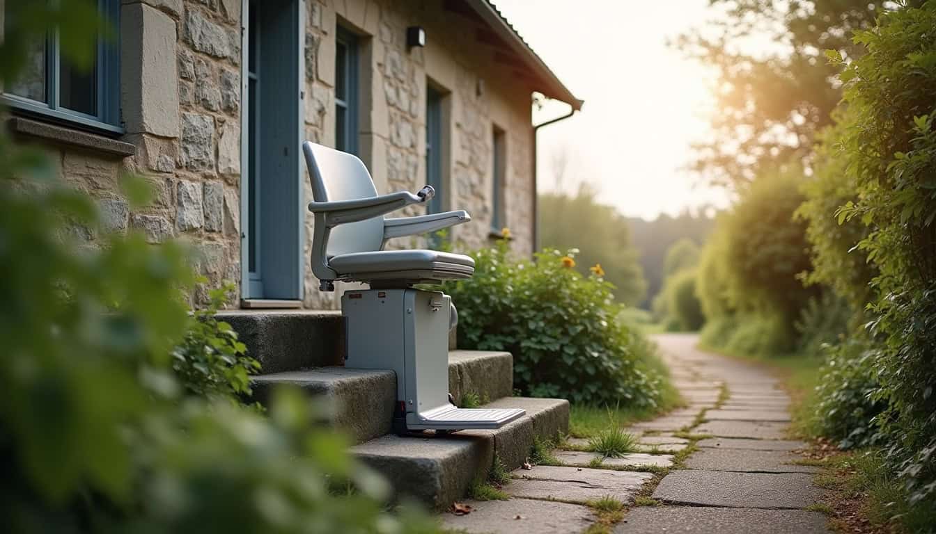 Monte-escalier extérieur installé devant une maison à Saint-Antoine-la-Forêt, résistant aux intempéries normandes