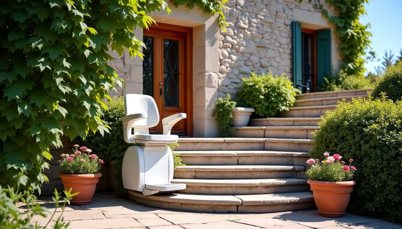 Monte-escalier extérieur installé devant une maison à Tournus, permettant l