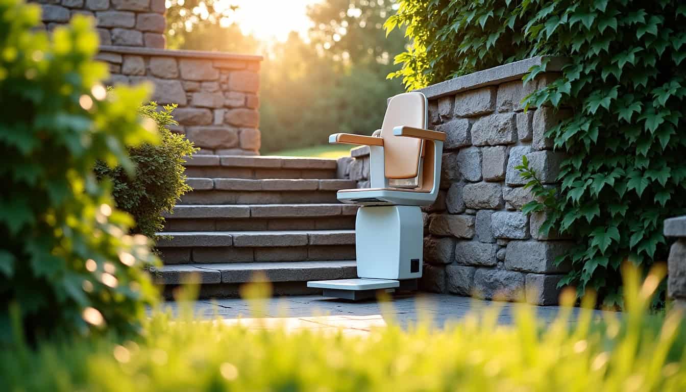 Monte-escalier extérieur installé pour accéder à un jardin à Saint-Cyr-au-Mont-d