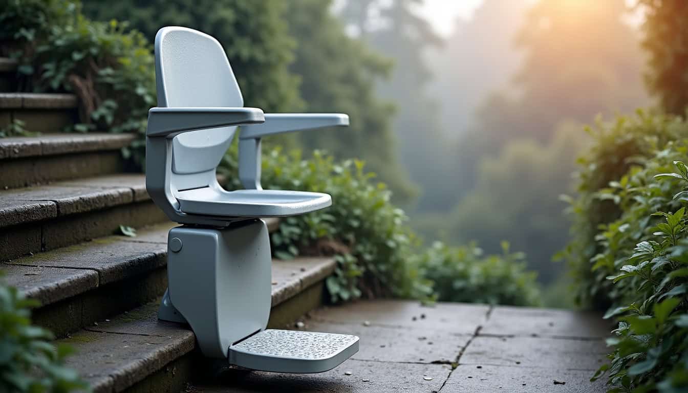 Monte-escalier extérieur installé sur des marches en béton, résistant aux intempéries
