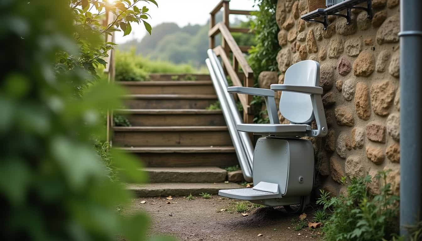 Monte-escalier extérieur installé sur un escalier en bois, résistant aux intempéries à Perche en Nocé
