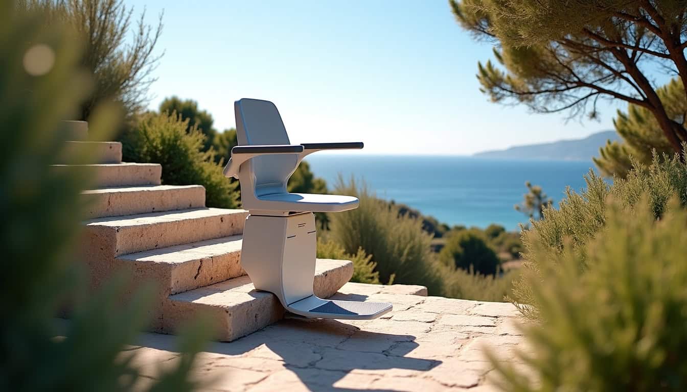 Monte-escalier extérieur installé sur un escalier en extérieur à Ajaccio, résistant aux intempéries