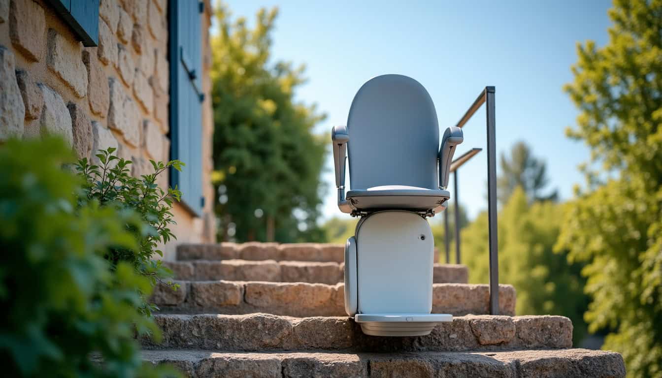Monte-escalier extérieur installé sur un escalier en extérieur à Juillac, résistant aux intempéries