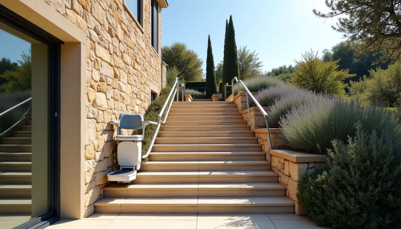 Monte-escalier extérieur installé sur un escalier en pente à Marignane