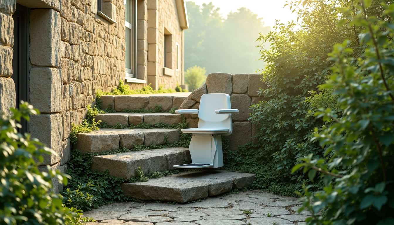 Monte-escalier extérieur installé sur un escalier en pierre à Arnèke