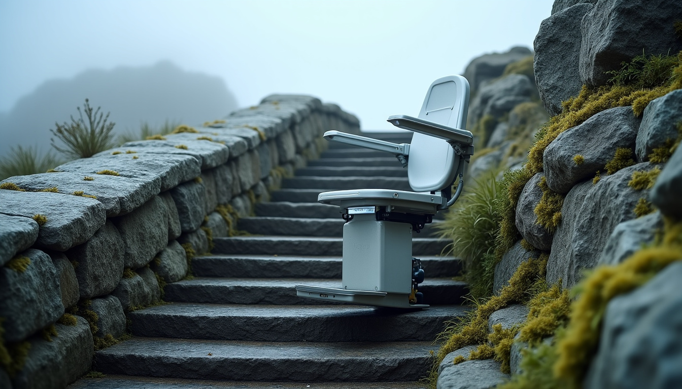 Monte-escalier extérieur installé sur un escalier en pierre à Cherrueix, résistant aux intempéries bretonnes