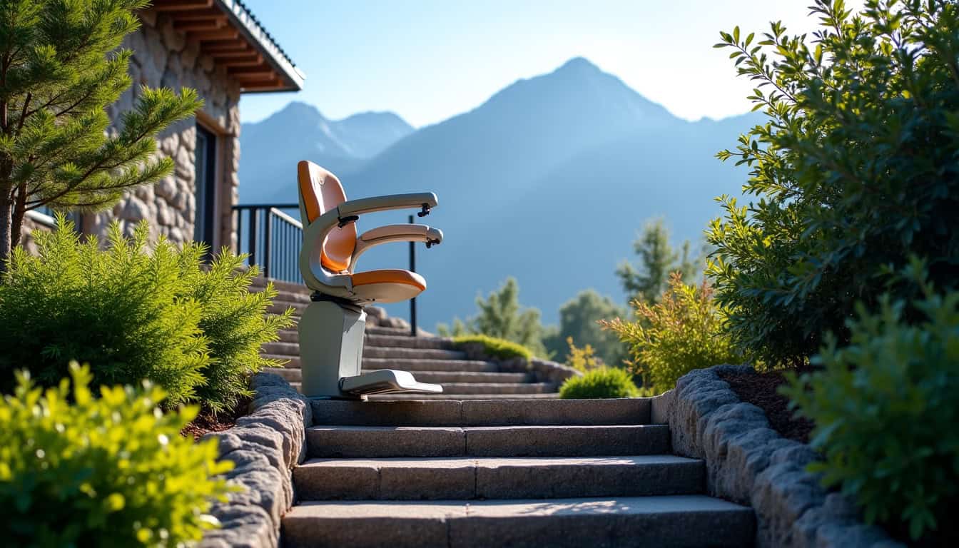 Monte-escalier extérieur installé sur un escalier en pierre à Moirans, avec une vue sur les montagnes environnantes