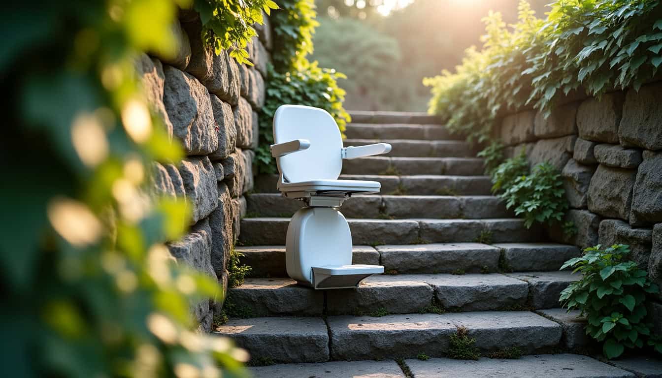 Monte-escalier extérieur installé sur un escalier en pierre à Préseau