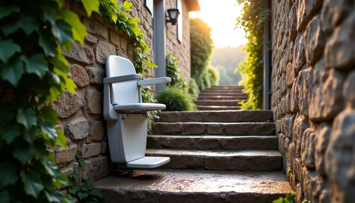 Monte-escalier extérieur installé sur un escalier en pierre à Ruffec, résistant aux intempéries