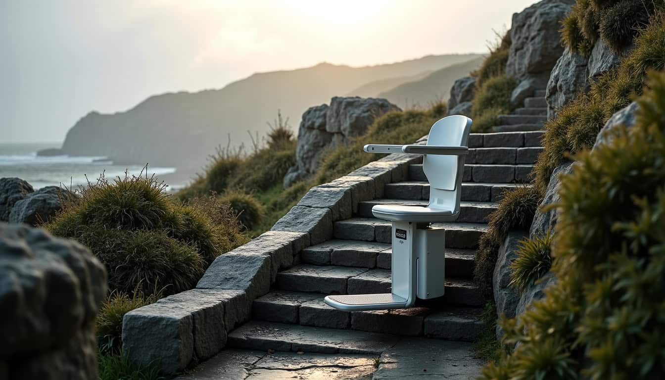 Monte-escalier extérieur installé sur un escalier en pierre à Tréguier, résistant aux intempéries bretonnes