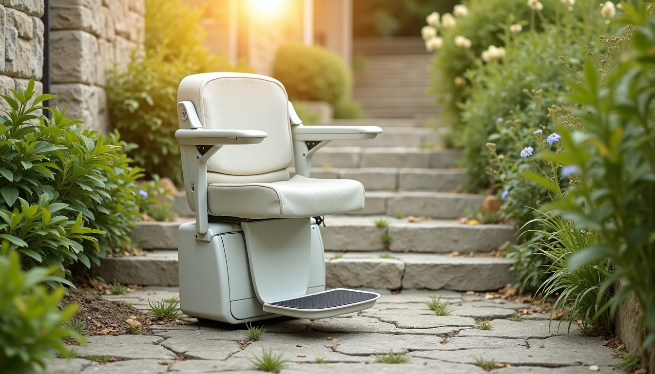 Monte-escalier extérieur installé sur un escalier en pierre devant une maison à Saint-Junien, protégé par une housse en tissu imperméable