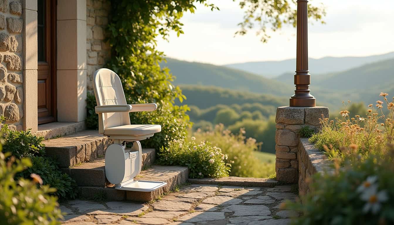 Monte-escalier extérieur installé sur un escalier en pierre, en milieu rural