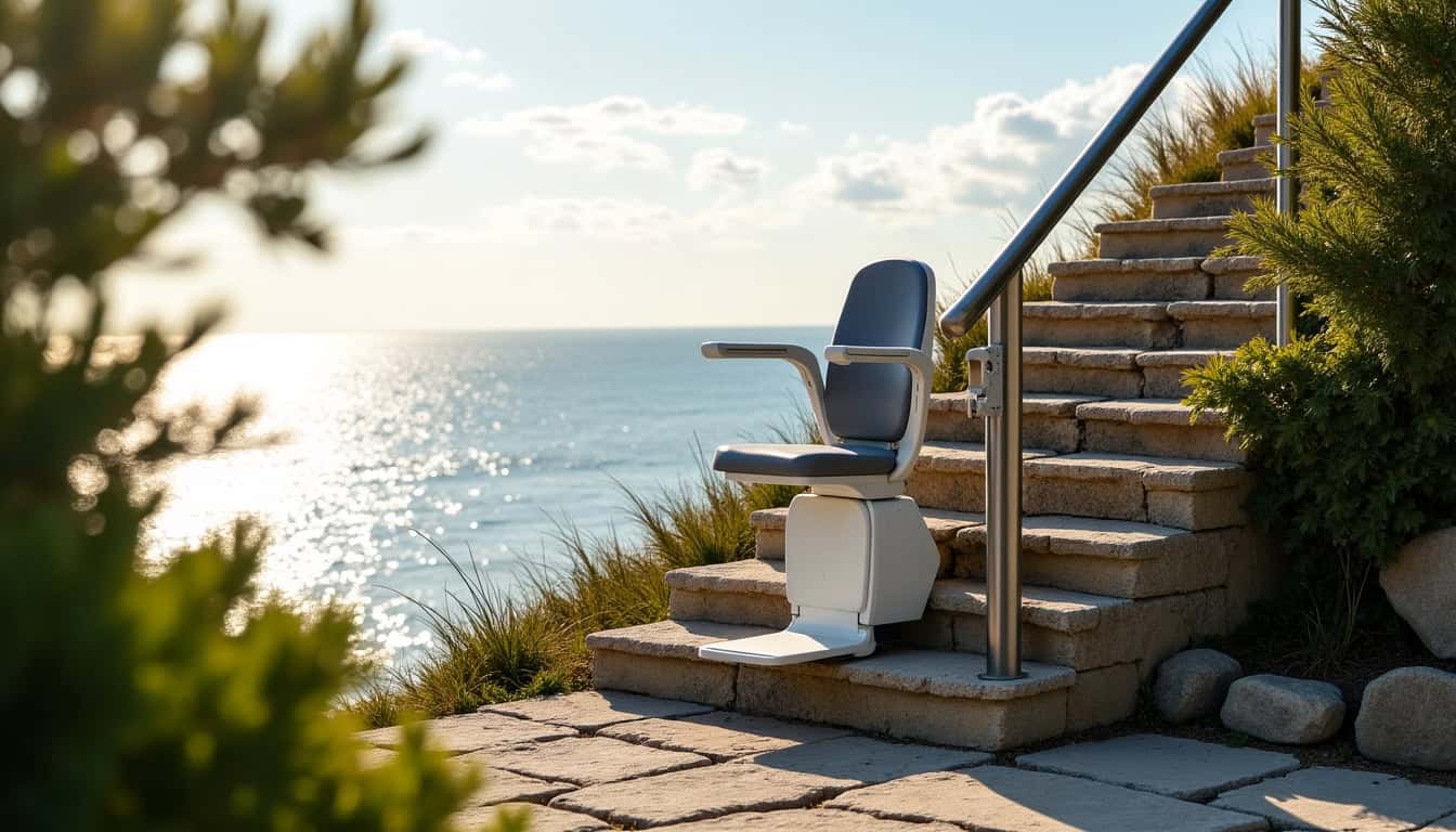 Monte-escalier extérieur installé sur un escalier en pierre menant à une maison en bord de mer à Le Vivier-sur-Mer