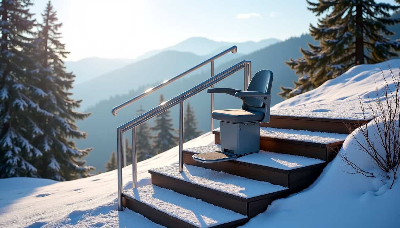 Monte-escalier extérieur installé sur un escalier enneigé, en milieu montagnard