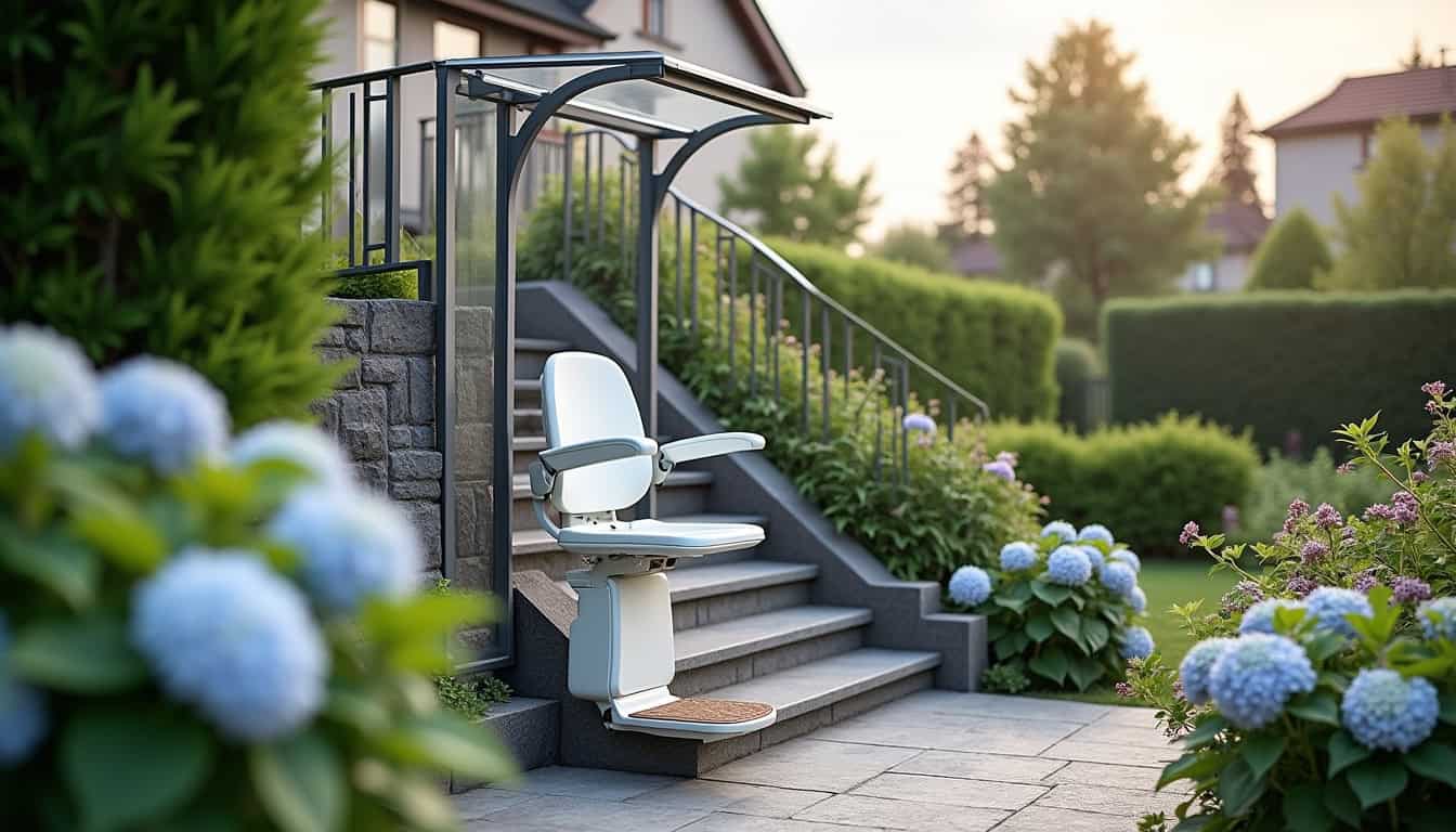 Monte-escalier extérieur installé sur un escalier extérieur à Corbonod, avec protection contre la pluie et la neige