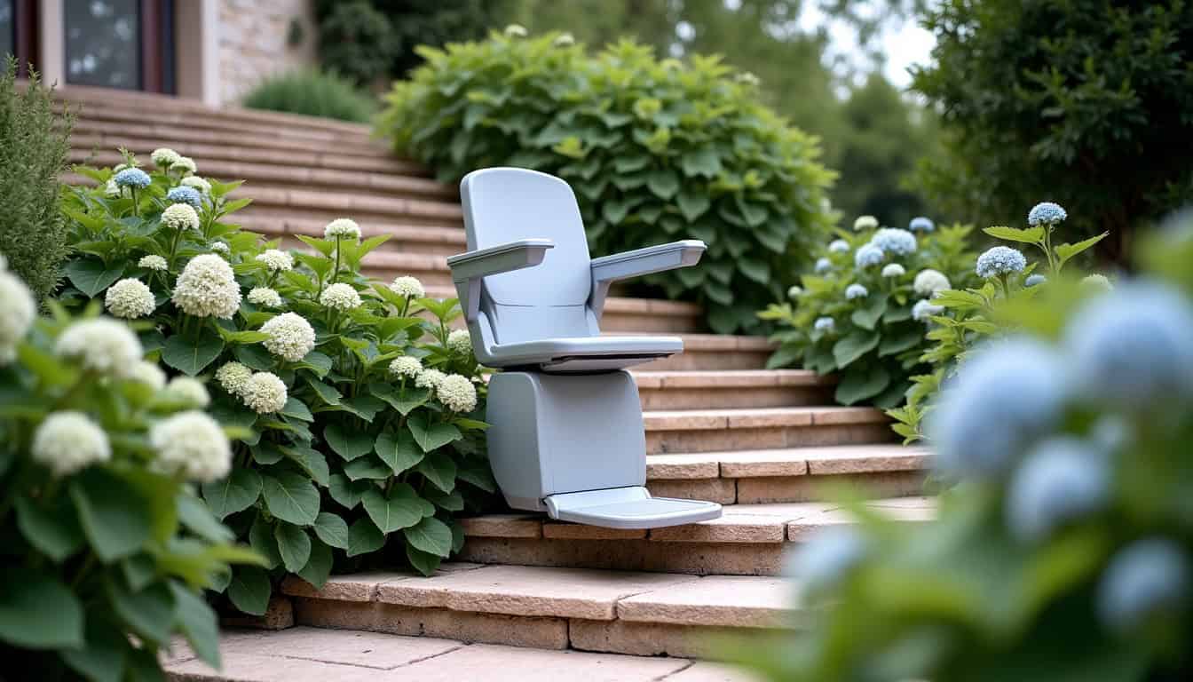 Monte-escalier extérieur installé sur un escalier extérieur à Moussac, adapté aux conditions climatiques