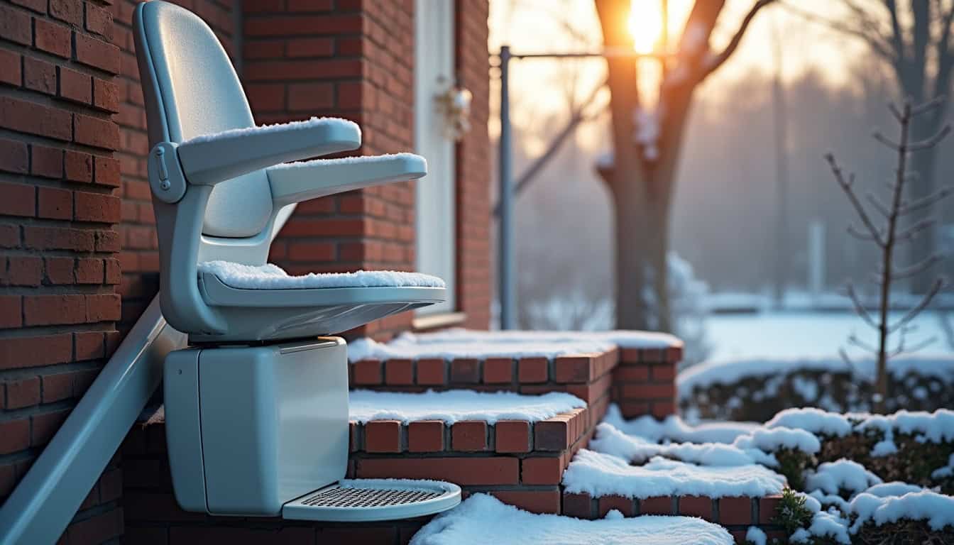 Monte-escalier extérieur installé sur un escalier extérieur en briques, en hiver, avec une légère couche de neige