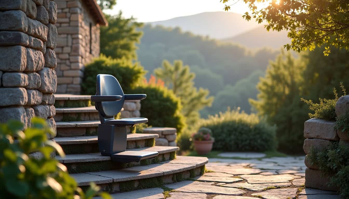 Monte-escalier extérieur installé sur un escalier extérieur en pierre à Orval