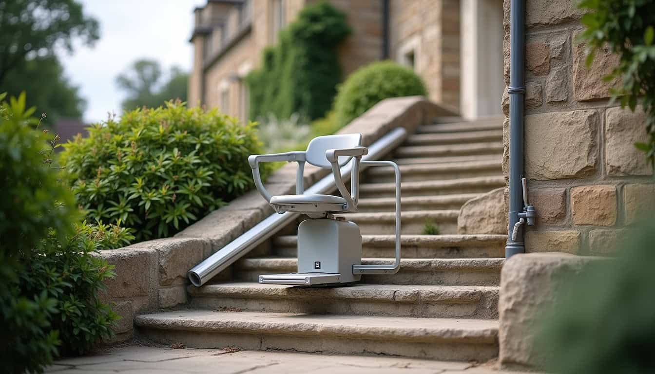 Monte-escalier extérieur installé sur un escalier extérieur en pierre à Talant, vu de jour avec un ciel légèrement nuageux