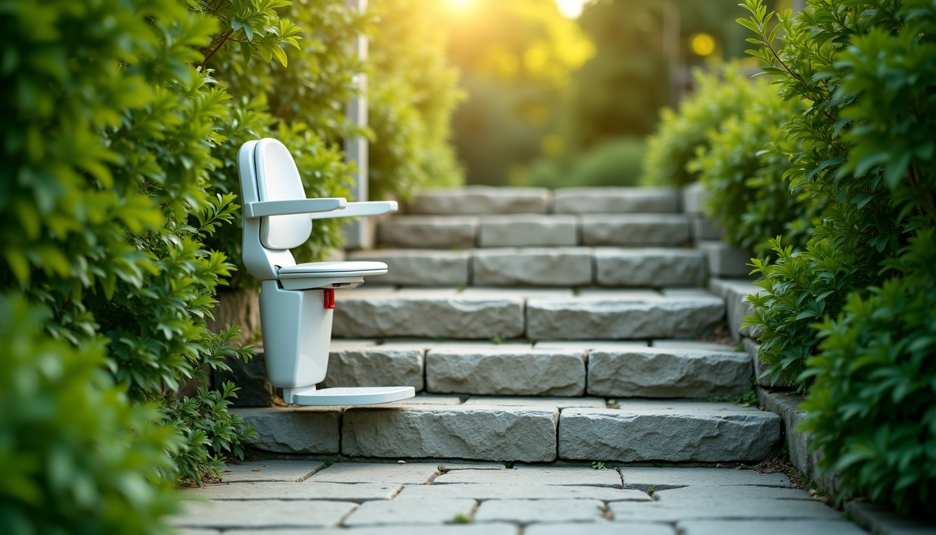 Monte-escalier extérieur installé sur un escalier extérieur en pierre menant à un jardin