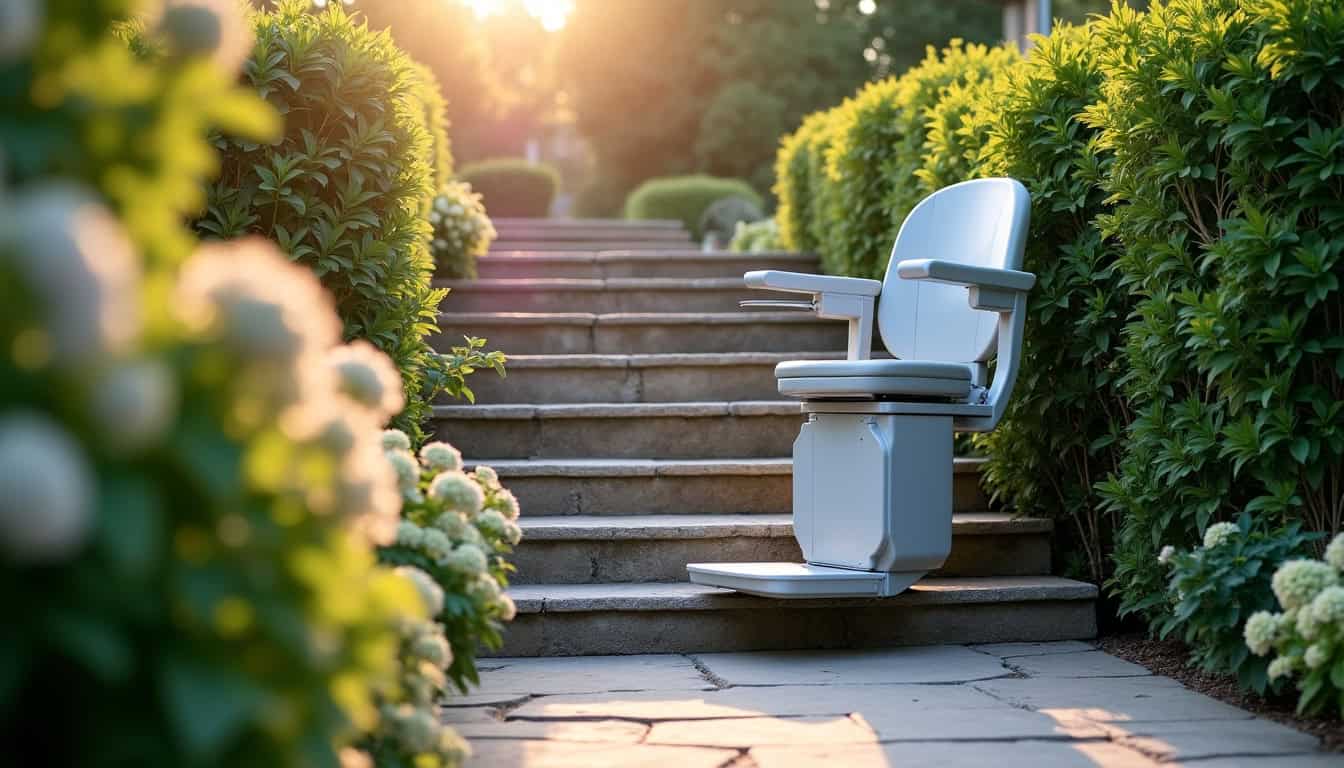 Monte-escalier extérieur installé sur un escalier menant à une maison à Le Plessis-Brion