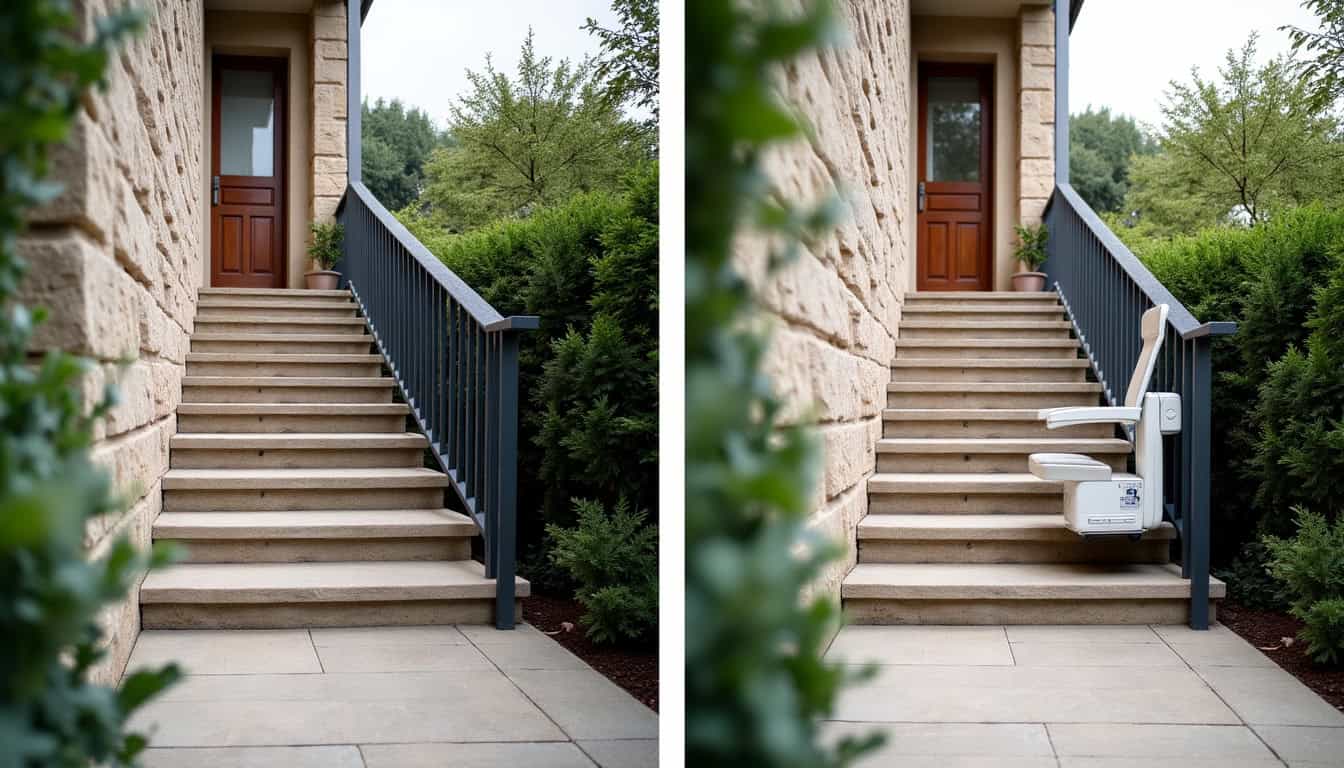 Monte-escalier extérieur installé sur un perron à Flines-lès-Mortagne, vue avant et après installation