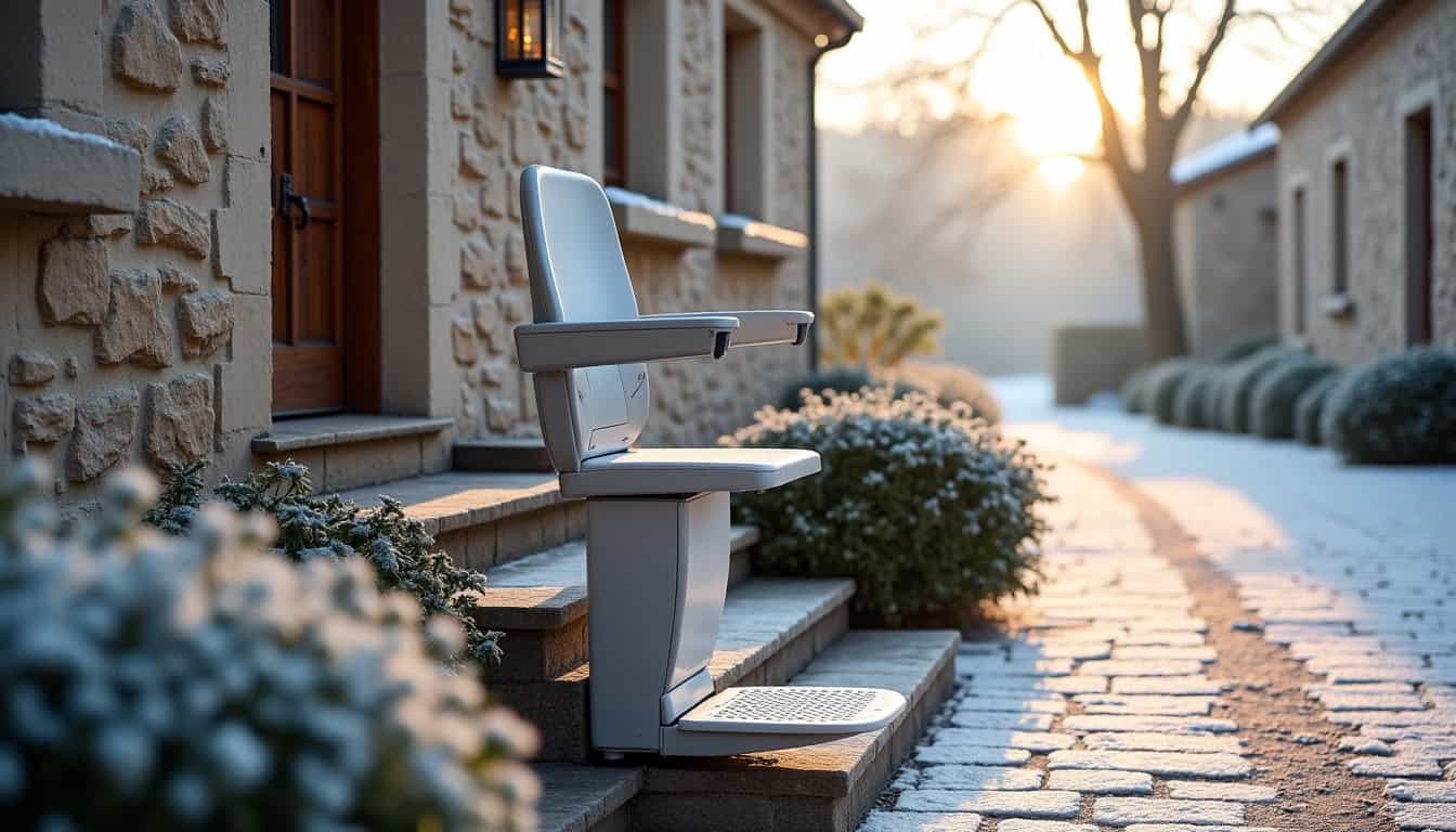 Monte-escalier extérieur installé sur un perron en pierre à Bailleval, en conditions hivernales