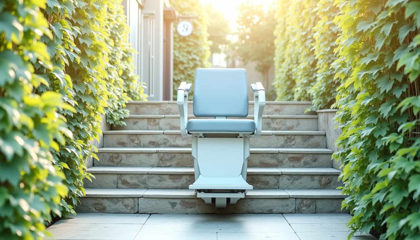 Monte-escalier extérieur installé sur un perron menant au jardin, en milieu urbain