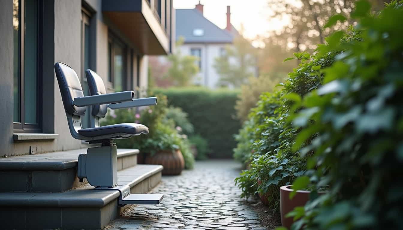 Monte-escalier extérieur installé sur un perron menant au jardin, en milieu urbain