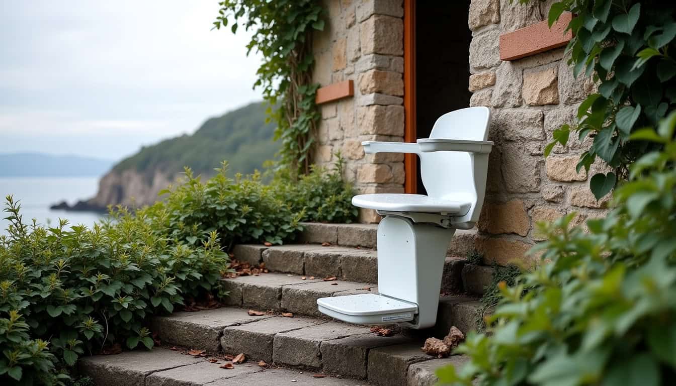 Monte-escalier extérieur installé sur une dépendance à Étel