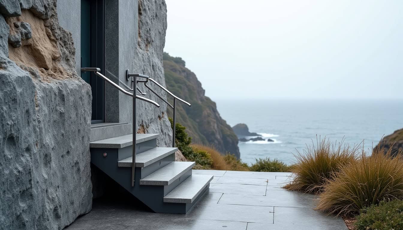 Monte-escalier extérieur installé sur une façade en granit à Audierne, en milieu marin