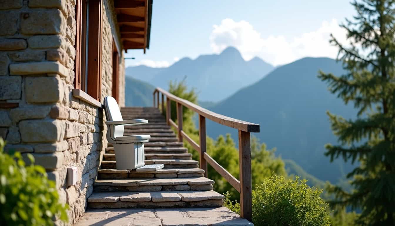 Monte-escalier extérieur installé sur une maison traditionnelle à Alby-sur-Chéran, résistant aux intempéries et adapté aux pentes montagneuses