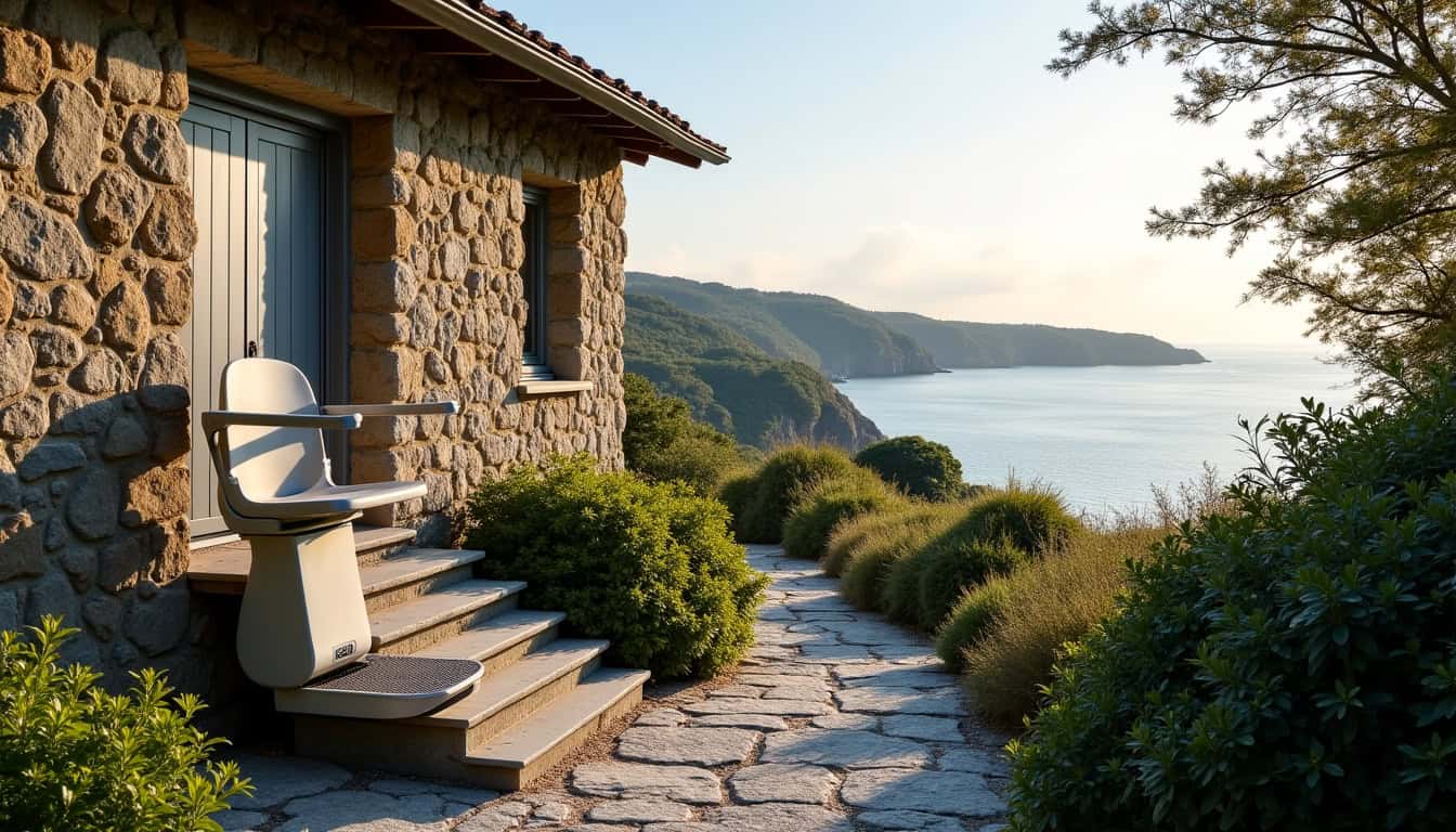 Monte-escalier extérieur installé sur une maison traditionnelle en granit à Tonquédec
