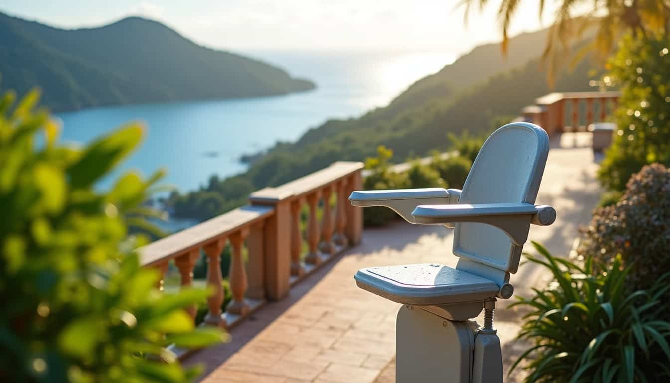 Monte-escalier extérieur installé sur une terrasse à Le Morne-Rouge, adapté au climat tropical
