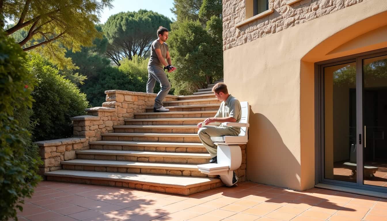 Monte-escalier extérieur installé sur une terrasse à Montauban, en cours d